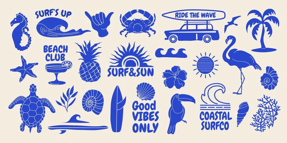 Bold tropical beach vector set with surfboards, palm trees, waves, flamingo.. Stock Illustration