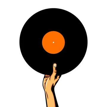A bold vector illustration of a hand holding a black vinyl record with an o.. Stock Illustration