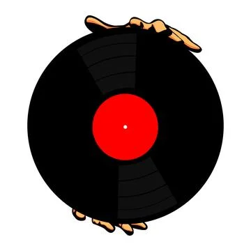 A bold vector illustration of a hand holding a black vinyl record with a re.. Stock Illustration