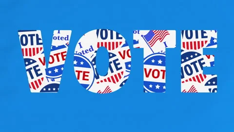 Bold VOTE Text Filled with Patriotic Stickers on Blue Background Stock Footage 344340226