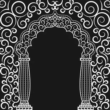 Bold white line art vector of a Mughal or Moorish arch with decorative colu.. Stock Illustration