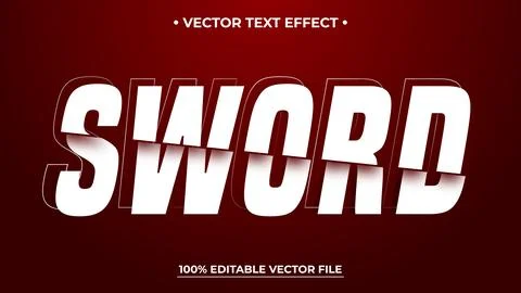 Bold White Sword Text Effect on Red Background, Editable Vector File. Illustrazione stock