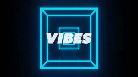 Bold white text VIBES floating in digital tunnel, showcasing glowing neon blue Stock Footage 309108946