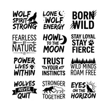 Bold Wolf Quote Typography Bundle for Wild Spirit Apparel Designs Stock Illustration