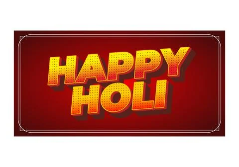Bold yellow 3d text reading happy holi on a deep red rectangular background.. Illustrazione stock