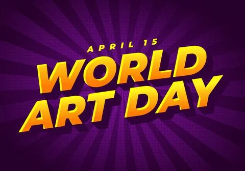 Bold yellow 3d text reading world art day with april 15 above, set on purpl.. Ilustração Stock