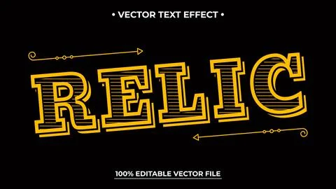 Bold yellow "Relic" text effect with horizontal lines, arrows, and editable.. Illustrazione stock