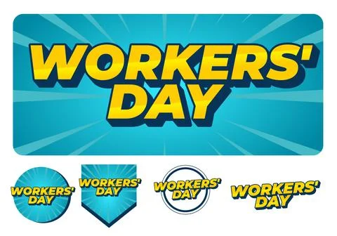 Bold yellow workers day text on blue radial burst background with several b.. Stock Illustration