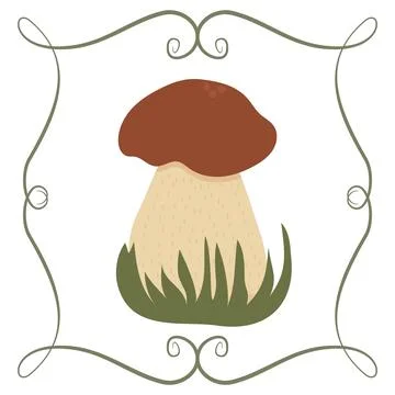 Boletus mushroom in a frame of twisted linear green elements Illustrazione stock