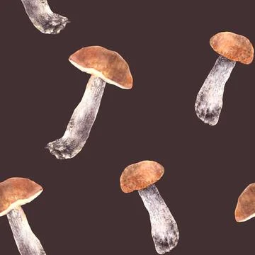 Boletus with orange cap seamless pattern Mushrooms, forest fungi Watercolor hand Illustrazione stock