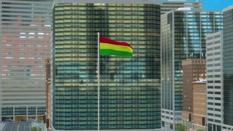 Bolivia Flag 3D Render Animation on Pole with Modern Business District Build Video stock 332882343