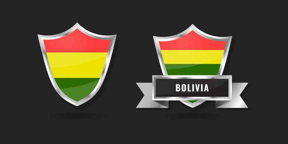 Bolivia Flag Shield Emblem Set, Plurinational State Glossy Silver Badges wi.. Stock Illustration