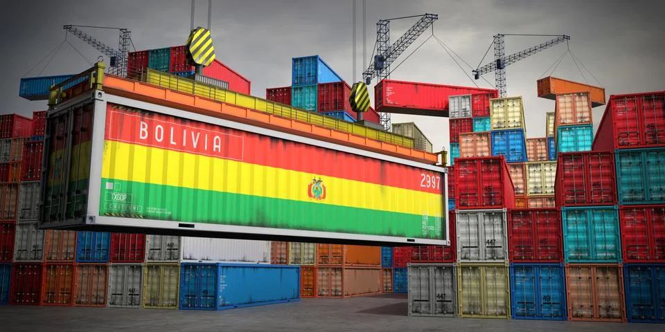 Bolivia - freight container in cargo terminal - 3D illustration Stock Illustration