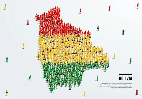 Bolivia Map and Flag. A large group of people in the Bolivia flag color. Illustrazione stock