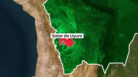 Bolivia map highlights the Salar de Uyuni location in a motion animation Stock Footage 343594173