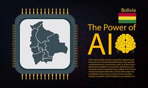 Bolivia map with microchip war and AI concept on circuit board, Power of AI.. Ilustração Stock