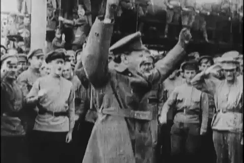 Bolshevik troops on parade and Trotsky saluting - 1916-1925 Stock Footage 85893103