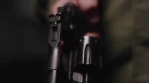 Bolt Action Rifle Receiver and Rear Sight, Dark Background, Macro Close Up Vídeo Stock 341321532