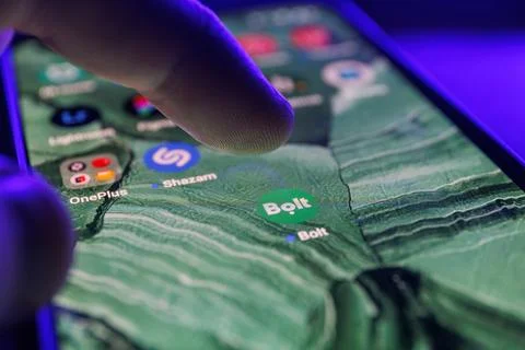 Bolt app on smartphone screen. Close up shot of Bolt app Stock Photos