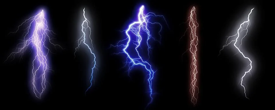 Bolt lighting thunderstorm. Five Different lightning bolts isolating on bla.. Stock Photos