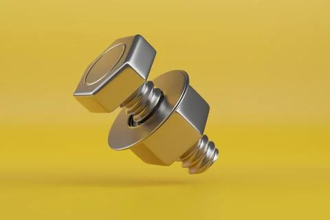 Bolt with nut and washers isolated on yellow background. 3d illustration. Stock Illustration