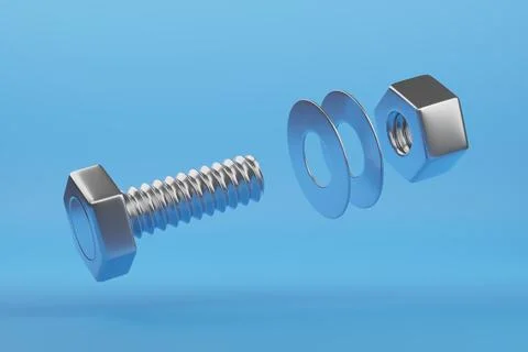 Bolt with nut and washers isolated on blue background. 3d illustration. Stock Illustration