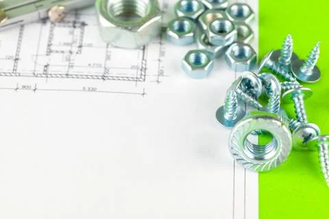 Bolt with nut on a mechanical engineering drawing Stock Photos