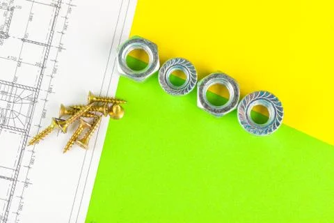 Bolt with nut on a mechanical engineering drawing 库存照片