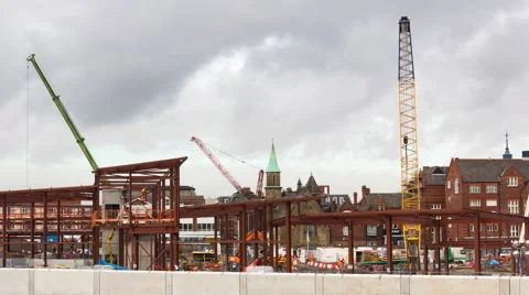 Bolton bus interchange under construction with busy cranes lifting timelapse 4K Stock Footage 58207510