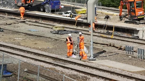 Bolton railway station electification installing new train signalling equipment Stock Footage 80205790