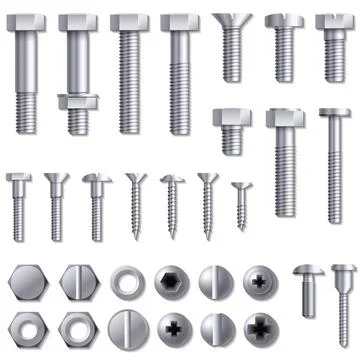 Bolts and screws silver set illustration Stock Illustration
