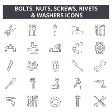 Bolts, nuts, screw, rivets &amp; washers line icons for web and mobile design Stock Illustration