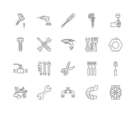 Bolts, nuts, screw, rivets &amp; washers line icons, signs, vector set, outline Stock Illustration