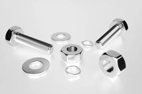 Bolts, nuts, washers, growers. 3D rendering Stock Photos