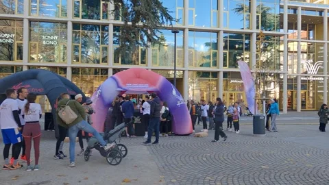 Bolzano WaltherPark Run 5km Event Sponsorship and Modern Architecture Stock Footage 320831553