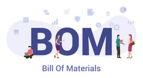 Bom bill of materials concept with big word or text and team people with mode Stock Illustration