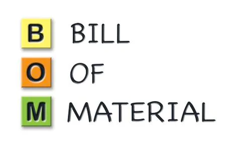 BOM initials in colored 3d cubes with meaning Stock Illustration