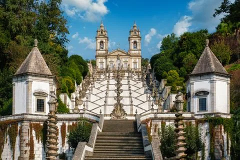 Bom Jesus do Monte baroque staircase and church frontal view, Braga, Portugal Stock Photos