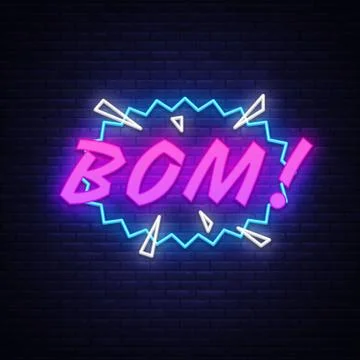 BOM neon text vector design template. Comic speech bubble BOM in neon style 스톡 일러스트