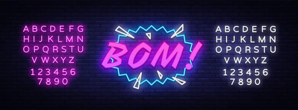 BOM neon text vector design template. Comic speech bubble BOM in neon style Stock Illustration