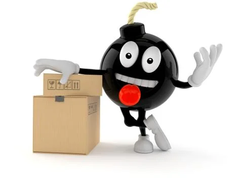 Bomb character with stack of boxes Illustrazione stock