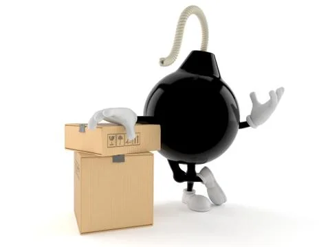 Bomb character with stack of boxes Stock Illustration