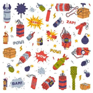 Bomb, Dynamite and Explosives as Reactive Substance for Explosion Vector Set Stock Illustration