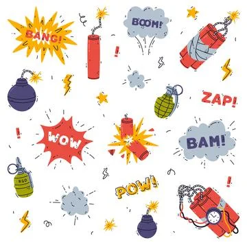 Bomb, Dynamite and Explosives as Reactive Substance for Explosion Vector Set Illustrazione stock