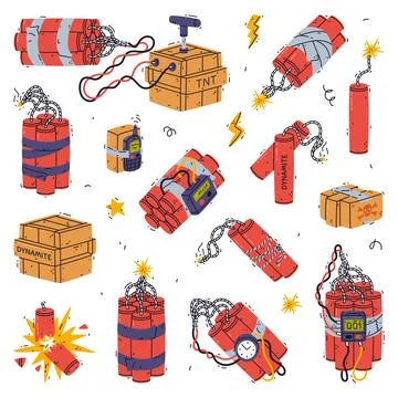 Bomb, Dynamite and Explosives as Reactive Substance for Explosion Vector Set Stock Illustration