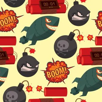 Bomb dynamite fuse vector seamless pattern background illustration grenade Stock Illustration