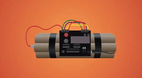 Bomb dynamite isolated with timer and wire orange background Illustrazione stock