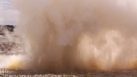 The bomb exploding on the sand quarry area Stock Footage 144156371