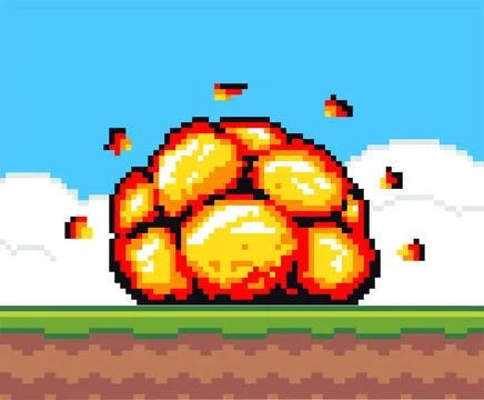 Bomb explosion at blue sky and green grass background, pixel game, boom effect Stock Illustration