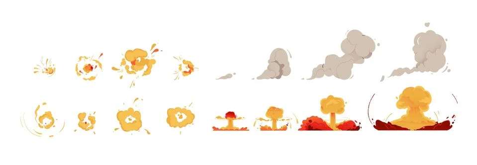Bomb explosion mushroom clouds set of cartoon vector illustration isolated. Stock Illustration